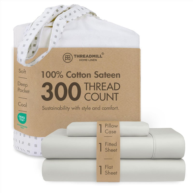 Threadmill Cotton Twin XL Sheet Set | 100% Cotton Sheets for Twin XL Size Bed | Solid Sateen Twin XL Bed Sheets Set with 16â€ Deep Pocket | Soft Breathable 3-Piece Cooling Sheet Set | Light Grey - Image 1